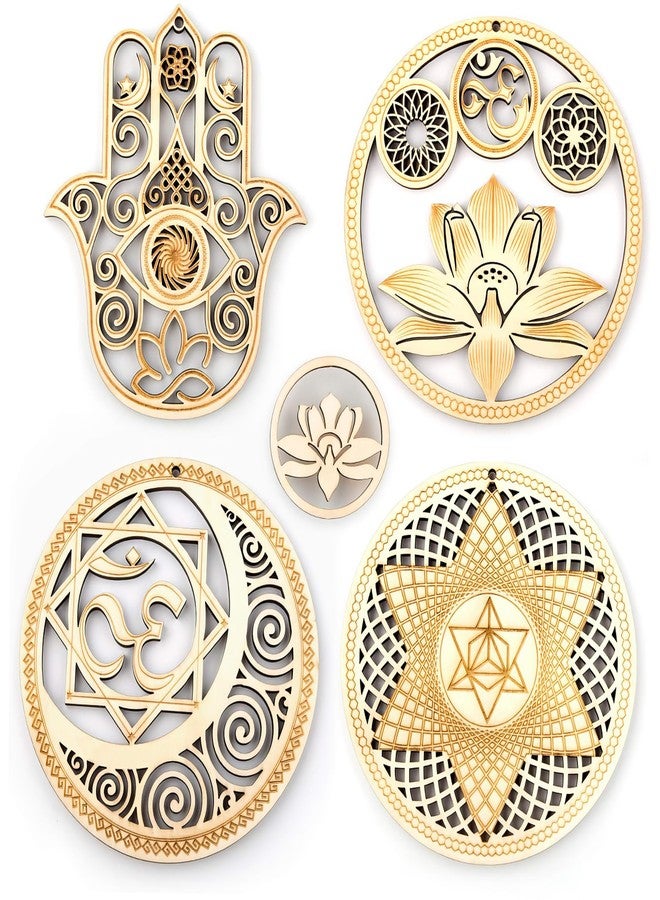 Chiorgone Sacred Geometry Wooden Wall Art Set - Lotus Hamsa Ohm Merkaba Meditation Decor & Coasters - Image 1